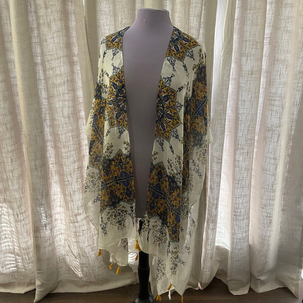 Woven Heart Kimono Open Front Cover Up‎ Cream Yellow Blue Boho Tassel